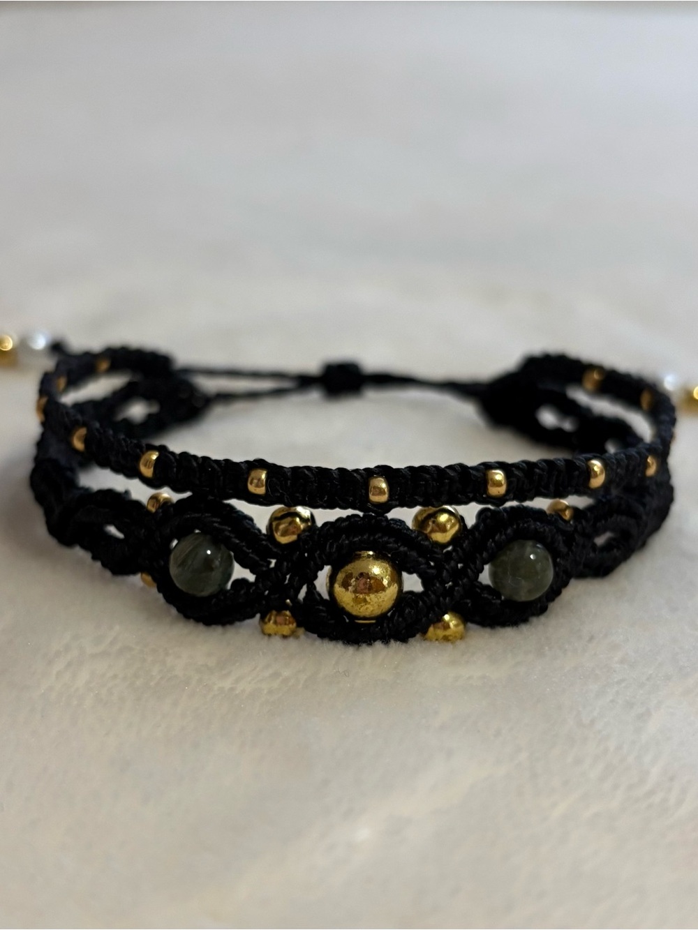 Handmade Black Macrame Bracelet with Gold Accents